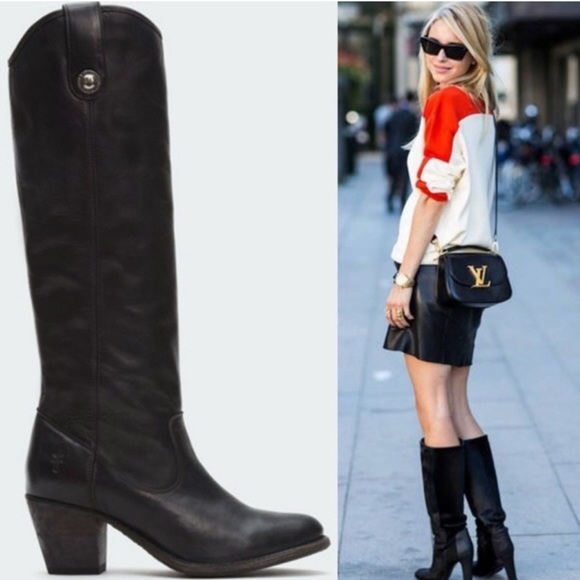 Frye Jackie Button Tall Black Leather Heeled Boot - Picture 5 of 7